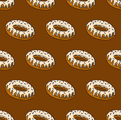 BROWN SEAMLESS VECTOR BACKGROUND WITH DELICIOUS DONUTS WITH WHITE FUDGE