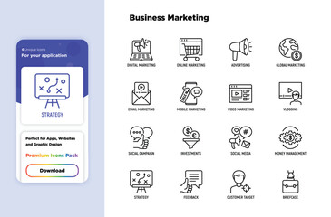 Fototapeta na wymiar Business marketing thin line icons set: digital marketing, online shopping, advertising, social media, e-mail marketing, vlogging, feedback, strategy, customer target, briefcase. Vector illustration.