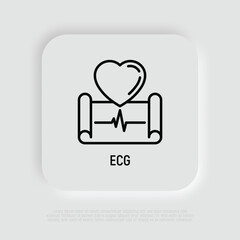 Ecg thin line icon. Cardiogram with heart. Medical research. Modern vector illustration.
