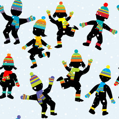 Seamless pattern with children silhouettes having fun in winter cold weather clothing