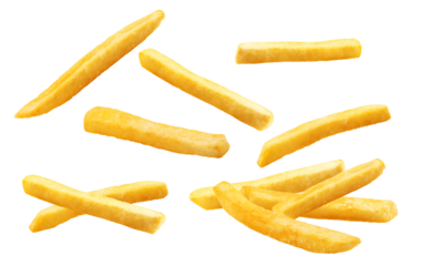 French fries isolated or flying french potato fries. PNG transparency 