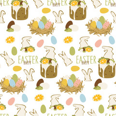Easter bun pattern with icing and decoration, citrus fruits, eggs, candles, hares and decor. Pastel palette. Easter vector pattern. Colorful Easter eggs and buns. Gift wrapping for Easter