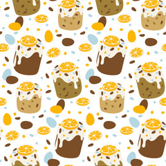 Easter bun pattern with icing and decoration, citrus fruits, eggs, candles, hares and decor. Pastel palette. Easter vector pattern. Colorful Easter eggs and buns. Gift wrapping for Easter