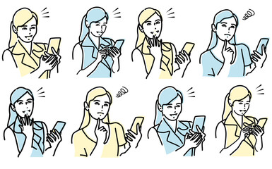 スマホを見て微笑んだり思案したりする素敵な女性