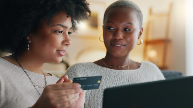 Payment, Credit Card And Friends Online Shopping On A Laptop For Discount Or Sale On A Digital Fintech Website At Home. Ecommerce, Happy And Excited African Women On The Sofa Banking On The Internet