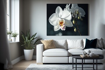 White living room with orchid in a frame, interior of a room