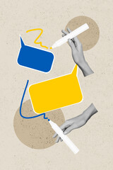 Collage 3d image of pinup pop retro sketch of hands holding drawing writing felt-tip pens support...