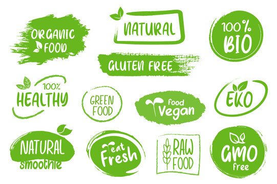 Organic food labels set graphic elements in flat design. Bundle of logos, stamps and badges for natural products, gluten and gmo free, vegan, healthy, fresh signs. Illustration isolated objects
