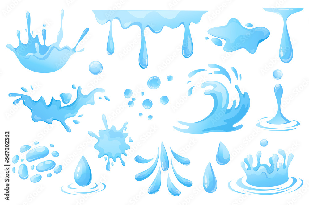 Leinwandbilder water drops and splashes set graphic elements in flat design. bundle of swirl and curl waves, liquid