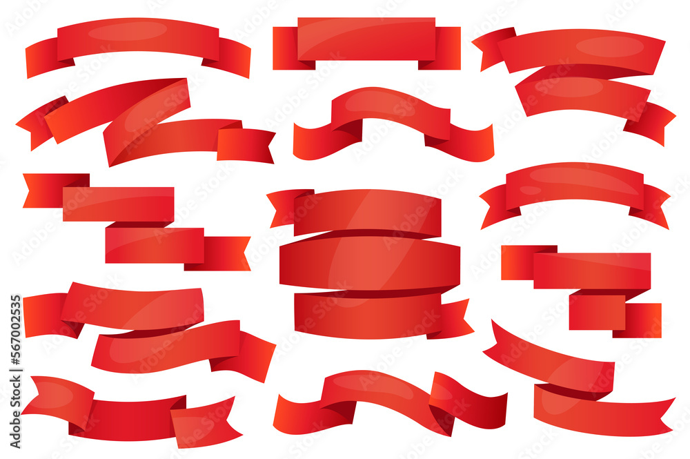Fototapete red ribbons and badges set graphic elements in flat design. bundle of empty cartoon swirl and curve 