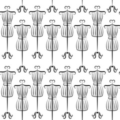 Sewing mannequins seamless pattern. Vector black and white background. Repeat illustration of vintage mannequin model