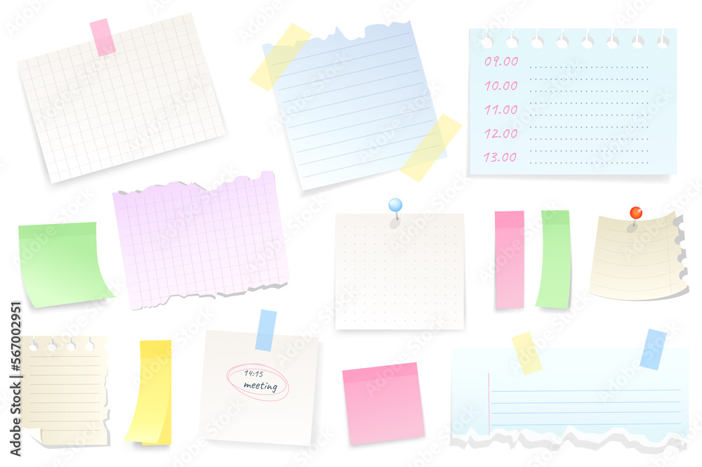Fototapete Reminder notepad sheets set graphic elements in flat design. Bundle of blank torn pieces of paper with tape or thumbtack, meeting reminder or to do list with pin. Illustration isolated objects