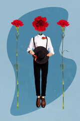 Vertical collage picture of jumping elegant person between two carnation flowers instead head...
