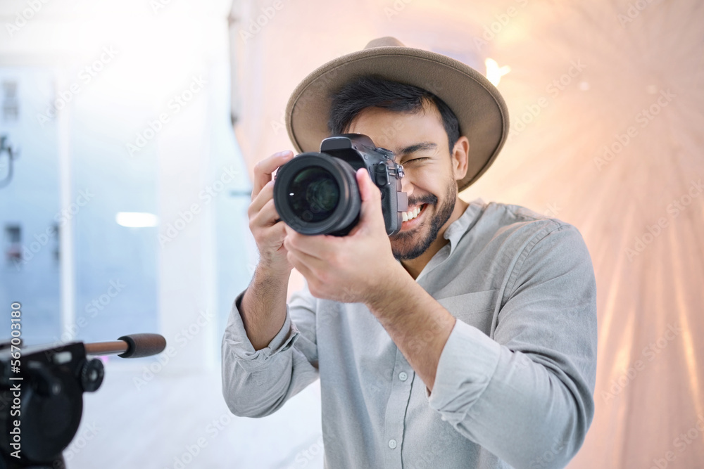 Sticker Photographer, camera and man in studio for photoshoot, creative and happy on space, mockup and background. Magazine, photography and backstage shooting professional male having fun session in Japan