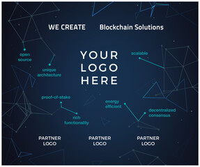 Blockchain banner, card, stand, display, board, post, cover, presentation, neural network background, creative constellations design, vector illustration template.