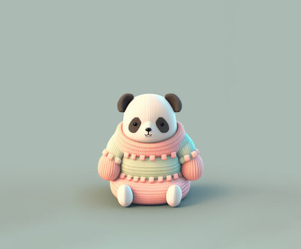 Cute painted panda in knitted sweater sitting. Generative AI illustration 3D in pastel color.