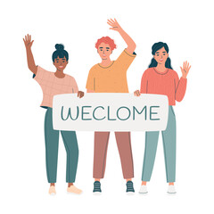 Three friendly young people with hands raised in greeting gesture holding welcome banner. Business team, new employee. The concept of invitations. Flat vector illustration