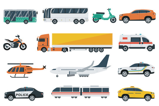 Transports set graphic elements in flat design. Bundle of bus, motorbike, car, motorcycle, truck, ambulance, helicopter, plane, police, train and other. Illustration isolated objects