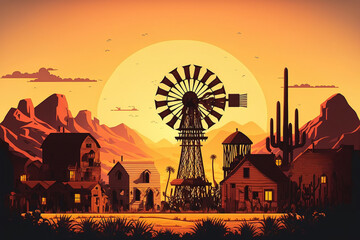 Old town western cowboy city with sunset background, old wooden buildings and mountains flat vector art illustrations generative ai