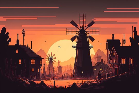 Old town western cowboy city with sunset background, old wooden buildings and mountains flat vector art illustrations generative ai