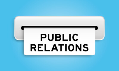 White coupon banner with word public relations from machine on blue color background