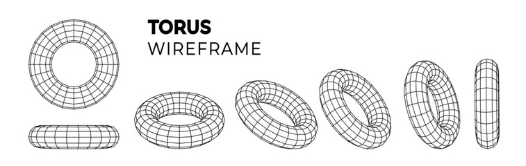 Wireframe torus grid with different structure of mesh frame isolated PNG. Abstract grid in different positions - obrazy, fototapety, plakaty