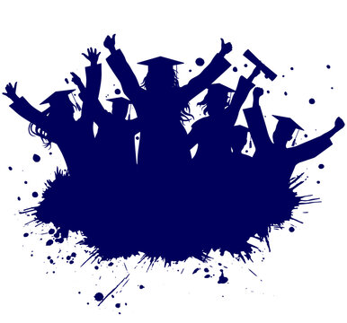 Silhouette of happy graduate students with graduation caps and grunge splash. Vector illustration
