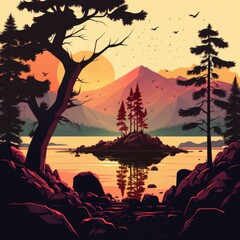 Sunrise from mountains with a beautiful lake and birds flying vector art. Generative AI