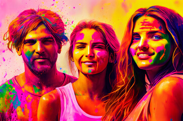 Obraz premium Group of people celebrating Holi holiday, folk festival of colors in Nepal and India. Symbolizes arrival of spring, the expulsion of evil and the rebirth of life. Generative AI abstract painting