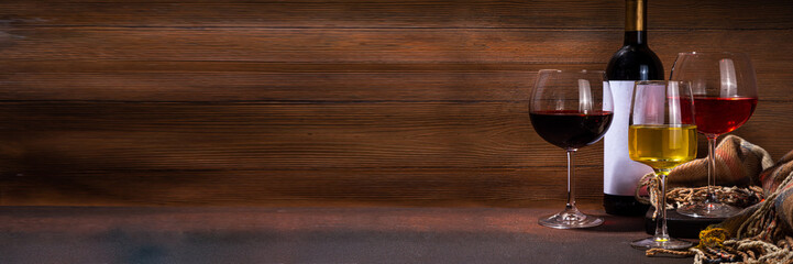 Winter autumn wine tasting, degustation set. Three glasses with various craft wine - pink, red and...