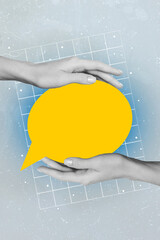 Vertical collage picture of two black white gamma arms touch empty space dialogue bubble isolated...