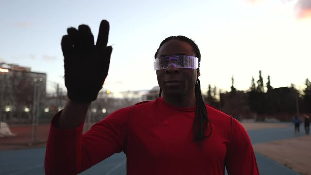 athlete man technology of the future - runner putting simulation in metaverse -,