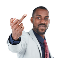 Middle finger, rude sign and black man on a white background for disrespect, mean and anger....