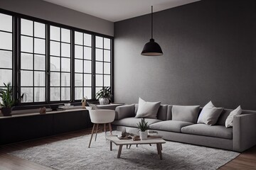 mock up poster frame in boho interior background, wooden living room design, Scandinavian style. Generative AI illustration