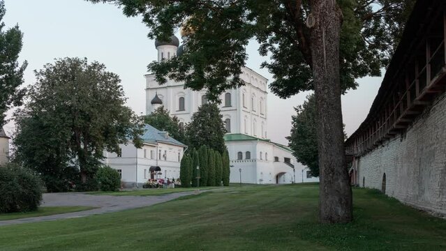 View of the Pskov Kremlin and Trinity Church in Pskov. Time-lapse.