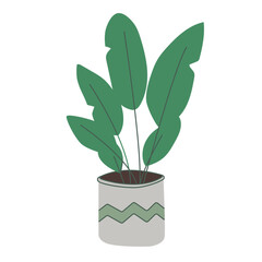Hand-drawn isolated clip art illustration of houseplant in pot with ornament