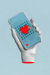 Vertical collage image of black white effect arm hold telephone heart like notification screen...