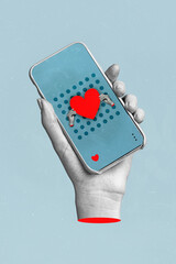 Vertical collage image of black white effect arm hold telephone heart like notification screen...