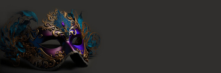 colorful detailed venetian carnival mask isolated on black background, banner, wallpaper, header, generative ai
