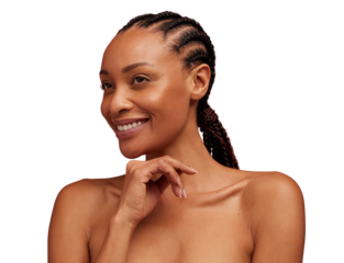 Happy woman with flawless skin isolated on a transparent background