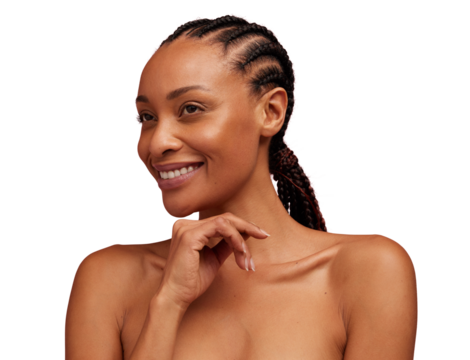 Happy woman with flawless skin isolated on a transparent background
