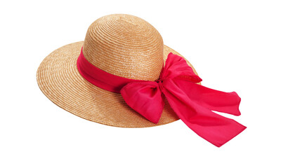 Pretty straw hat with ribbon and bow on white background. Beach hat top view isolated