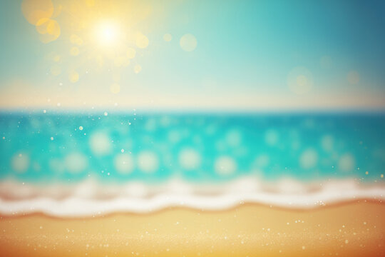 Natural defocused background with blur for the idea of a summer vacation. Natural summer beach in a tropical region with sun and haze. Blue sky, sparkling ocean, and light sand beach. Generative AI