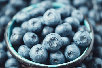 Blueberries in a ceramic bowl and lots of berries around. Blue background. Selective focus.