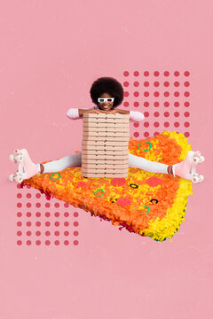 Vertical collage image of cheerful mini girl sit huge pizza slice pile stack carton boxes isolated on drawing pink background