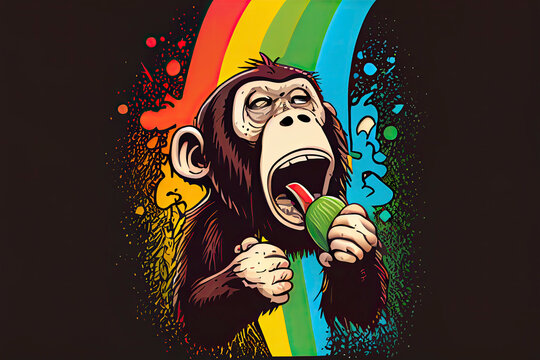 cartoon of a bored Monkey yawning with a rainbow coming out of it's mouth