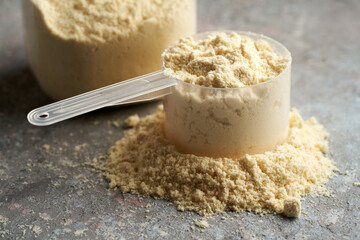 Whey protein powder on a table
