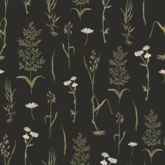 Watercolor pattern wildflowers, dark background light, chamomile