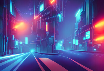 night city street, dark empty street, dark blue neon background, empty dark scene neon light