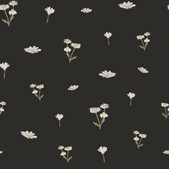 Watercolor pattern wildflowers, dark background light, chamomile